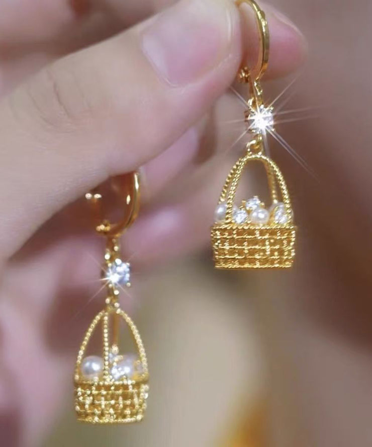 Vogue Gold Copper Alloy Zircon Pearl Fower Basket Drop Earrings