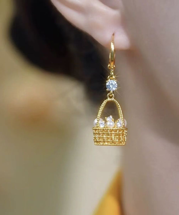 Vogue Gold Copper Alloy Zircon Pearl Fower Basket Drop Earrings