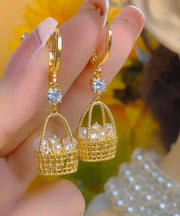 Vogue Gold Copper Alloy Zircon Pearl Fower Basket Drop Earrings