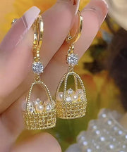 Vogue Gold Copper Alloy Zircon Pearl Fower Basket Drop Earrings