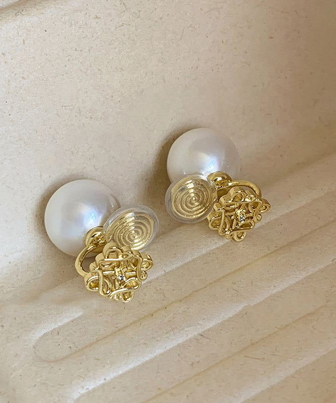 Vogue Gold Copper Alloy Zircon Pearl Hollow Out Stud Earrings