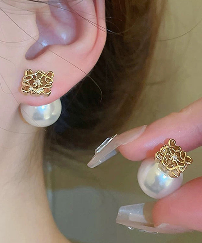 Vogue Gold Copper Alloy Zircon Pearl Hollow Out Stud Earrings