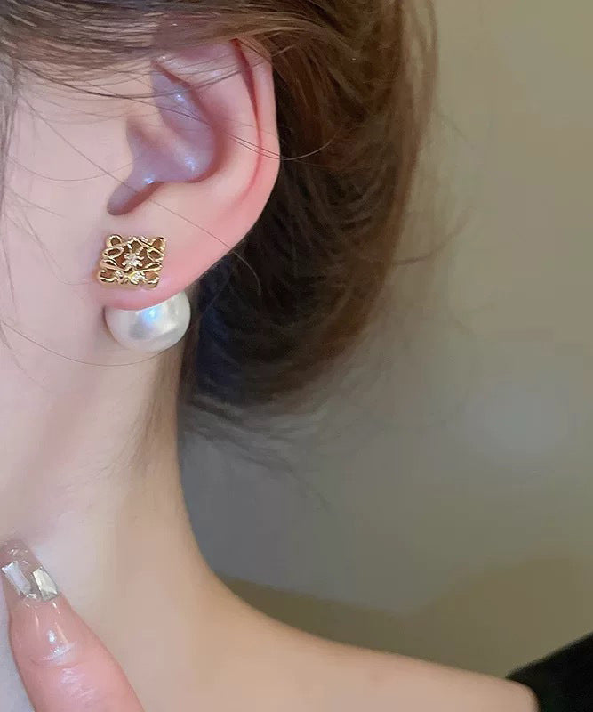Vogue Gold Copper Alloy Zircon Pearl Hollow Out Stud Earrings