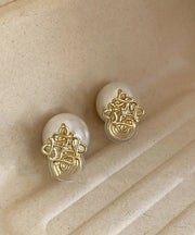 Vogue Gold Copper Alloy Zircon Pearl Hollow Out Stud Earrings