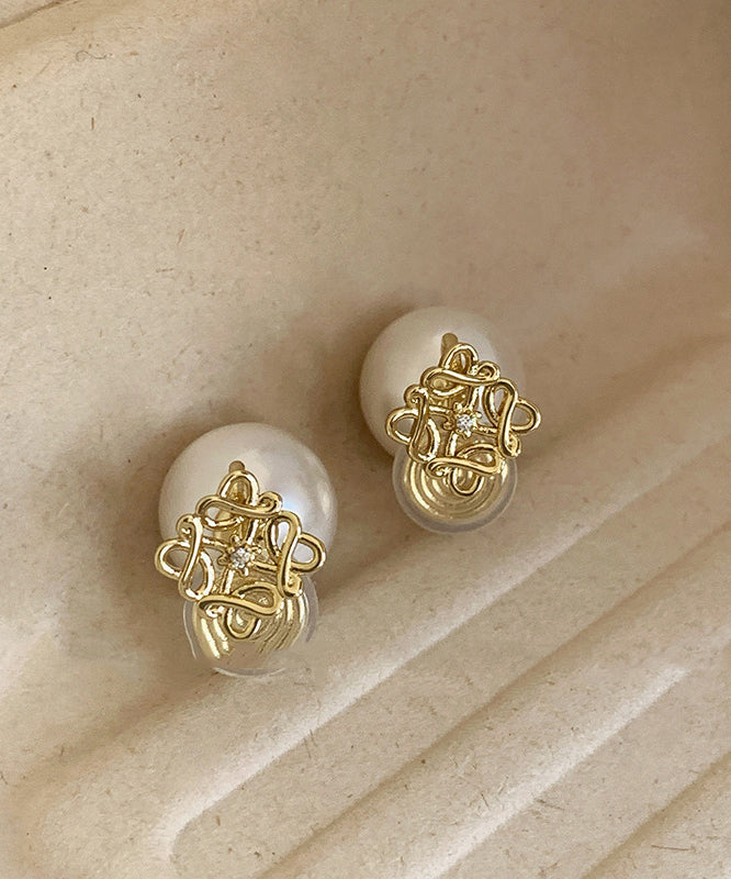 Vogue Gold Copper Alloy Zircon Pearl Hollow Out Stud Earrings