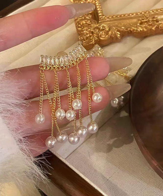 Vogue Gold Copper Alloy Zircon Pearl Tassel Drop Earrings