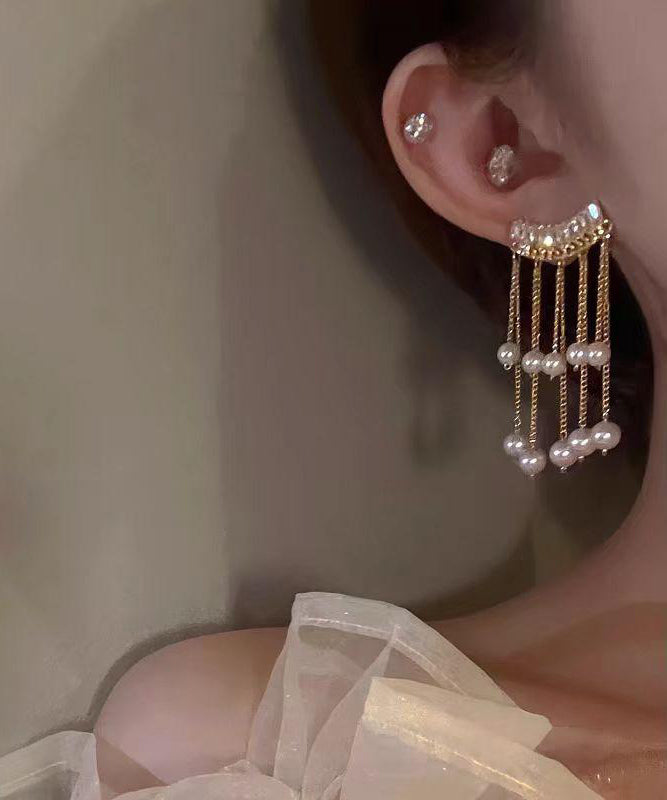 Vogue Gold Copper Alloy Zircon Pearl Tassel Drop Earrings