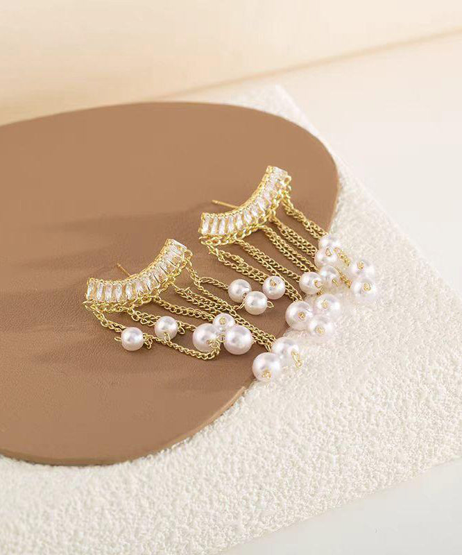 Vogue Gold Copper Alloy Zircon Pearl Tassel Drop Earrings