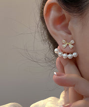 Vogue Gold Copper Overgild Zircon Pearl Bow Drop Earrings