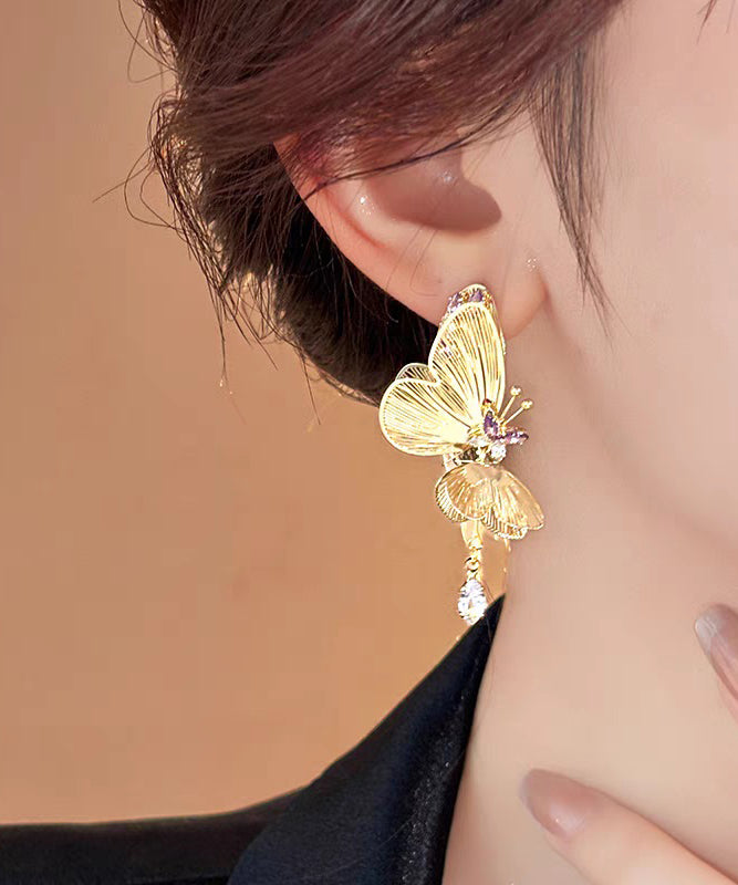 Vogue Gold Sterling Silver Overgild Zircon Hollow Out Butterfly Tassel Drop Earrings