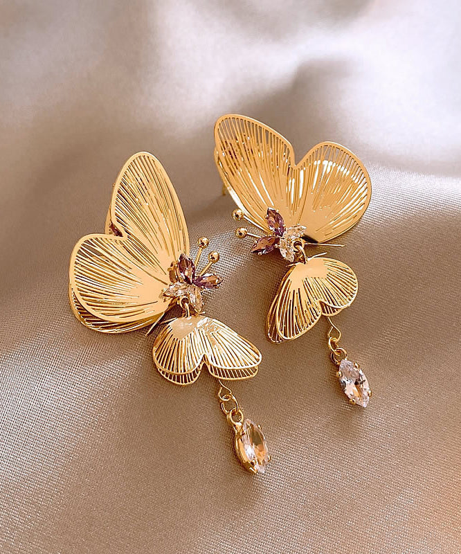 Vogue Gold Sterling Silver Overgild Zircon Hollow Out Butterfly Tassel Drop Earrings