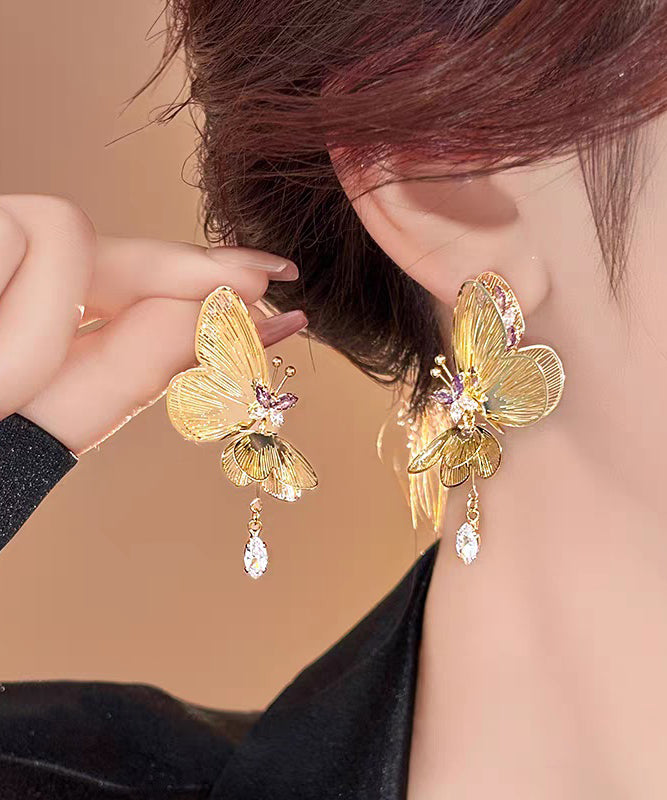 Vogue Gold Sterling Silver Overgild Zircon Hollow Out Butterfly Tassel Drop Earrings
