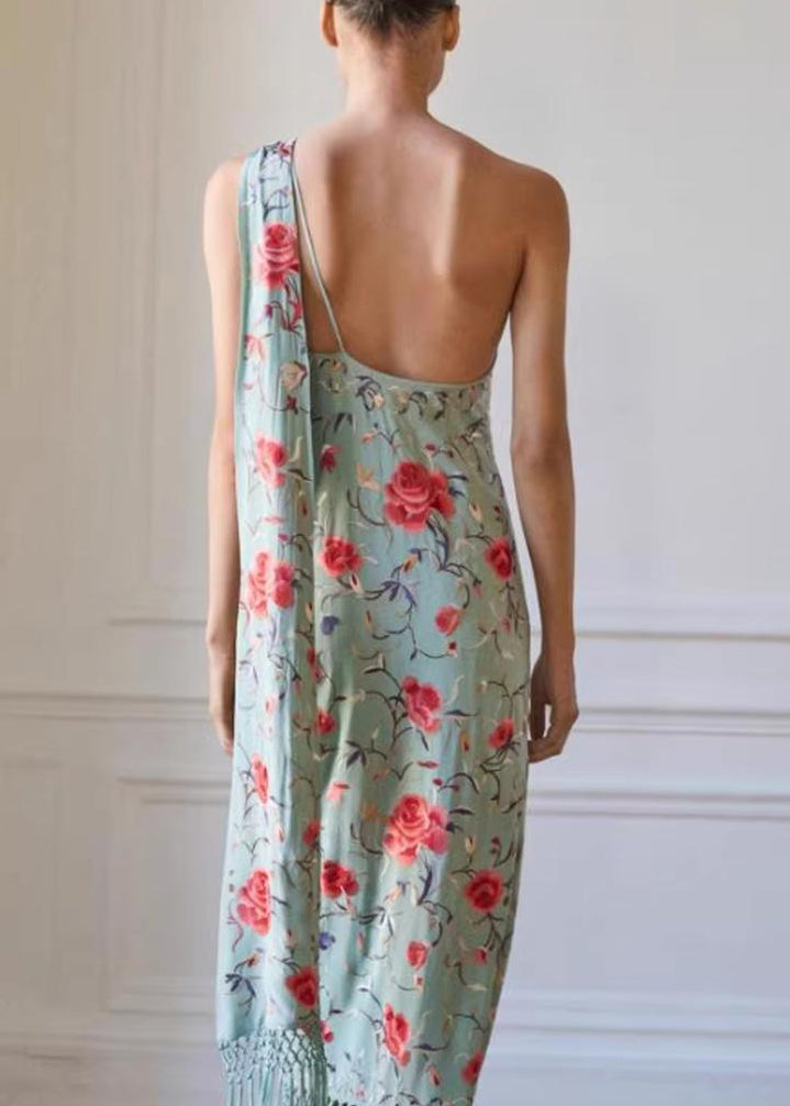 Vogue Green Asymmetrical Tasseled Print Cotton Maxi Dresses Sleeveless