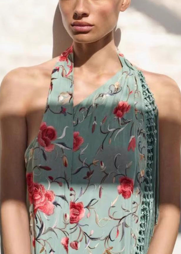 Vogue Green Asymmetrical Tasseled Print Cotton Maxi Dresses Sleeveless