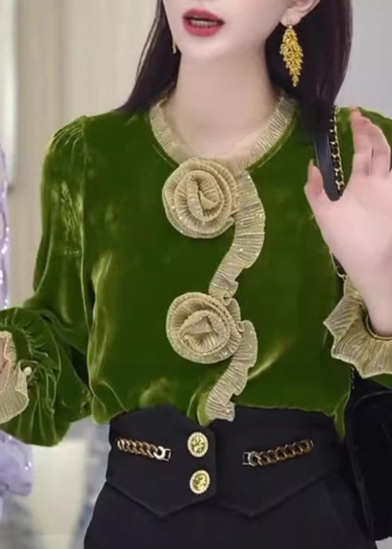 Vogue Green O-Neck Floral Silk Velour Shirt Flare Sleeve