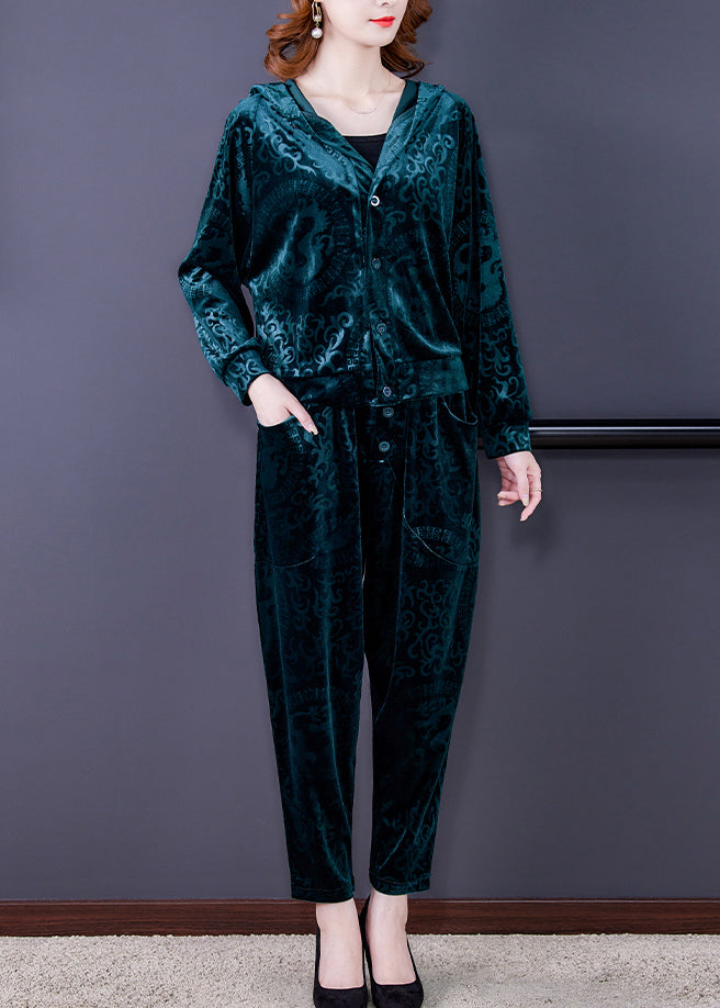 Vogue Green Print Silk Velour Hooded Coats And Harem Pants Two Pieces Set Fall