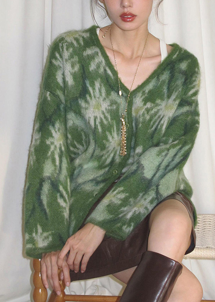 Vogue Green V Neck Patchwork Cozy Cotton Knit Sweater Fall