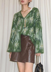 Vogue Green V Neck Patchwork Cozy Cotton Knit Sweater Fall