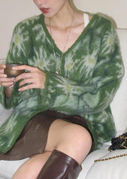 Vogue Green V Neck Patchwork Cozy Cotton Knit Sweater Fall