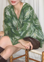 Vogue Green V Neck Patchwork Cozy Cotton Knit Sweater Fall