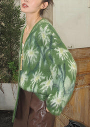 Vogue Green V Neck Patchwork Cozy Cotton Knit Sweater Fall