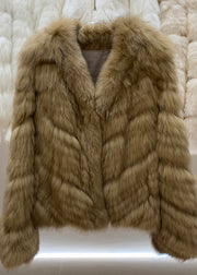 Vogue Khaki V Neck Leather And Fur Coats Winter