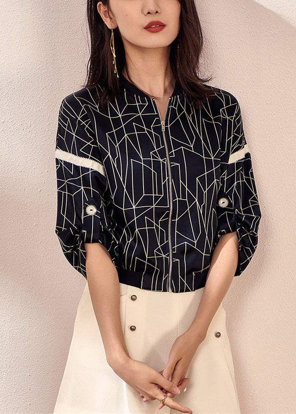 Vogue Navy O-Neck Plaid Zippered Coat Fall