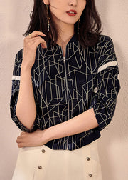Vogue Navy O-Neck Plaid Zippered Coat Fall