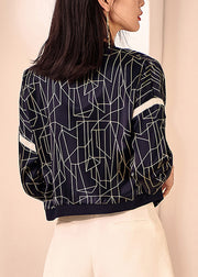 Vogue Navy O-Neck Plaid Zippered Coat Fall