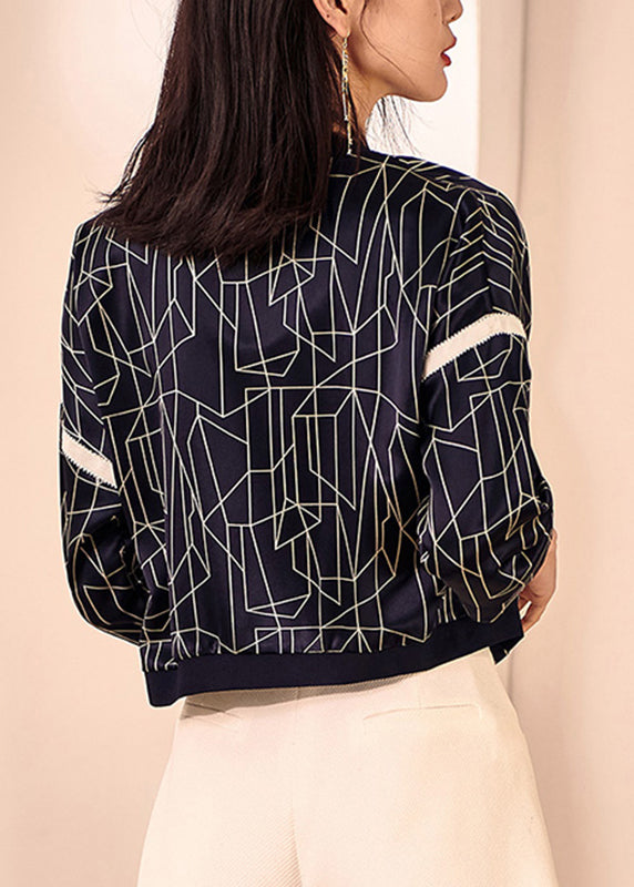 Vogue Navy O-Neck Plaid Zippered Coat Fall