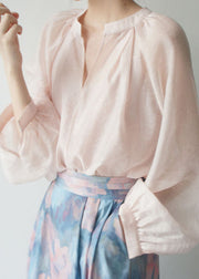 Vogue Pink V Neck Silk Shirts Lantern Sleeve