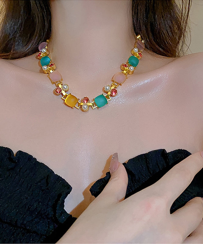 Vogue Rainbow Copper Zircon Pearl Square Princess Necklace