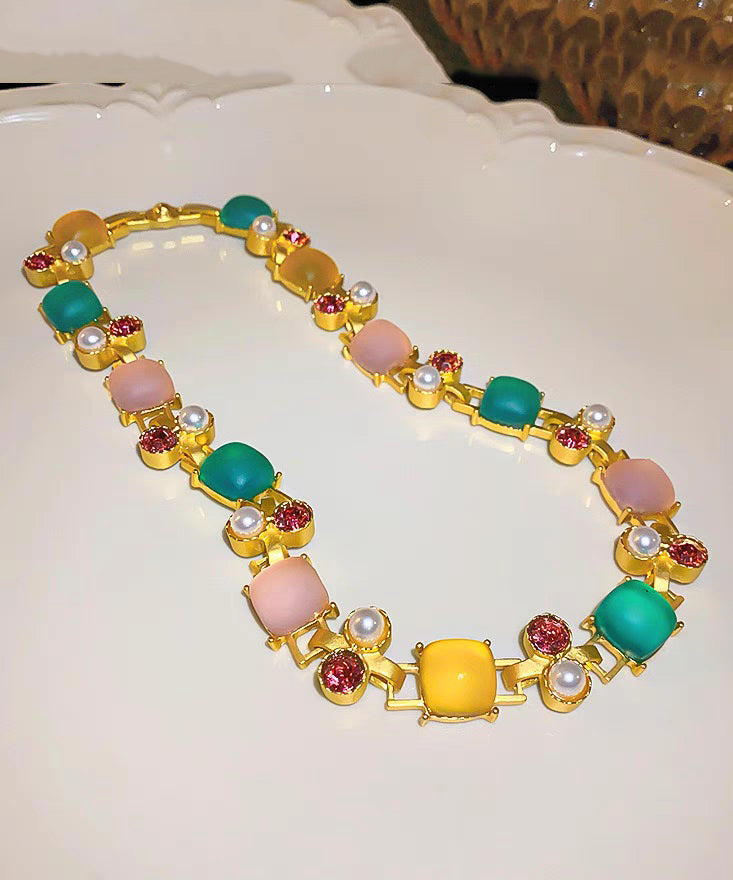Vogue Rainbow Copper Zircon Pearl Square Princess Necklace