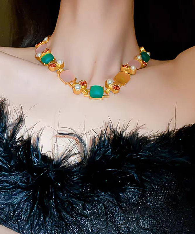 Vogue Rainbow Copper Zircon Pearl Square Princess Necklace