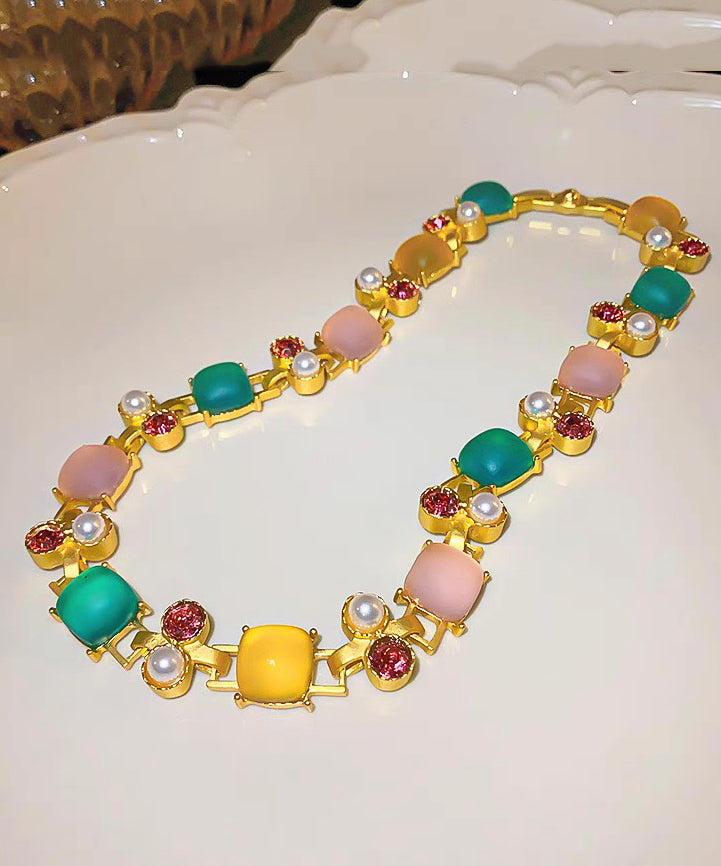 Vogue Rainbow Copper Zircon Pearl Square Princess Necklace