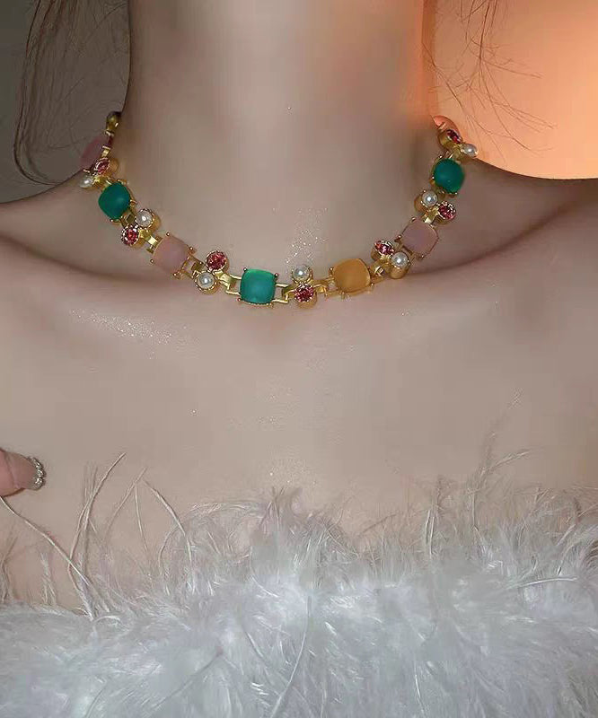 Vogue Rainbow Copper Zircon Pearl Square Princess Necklace