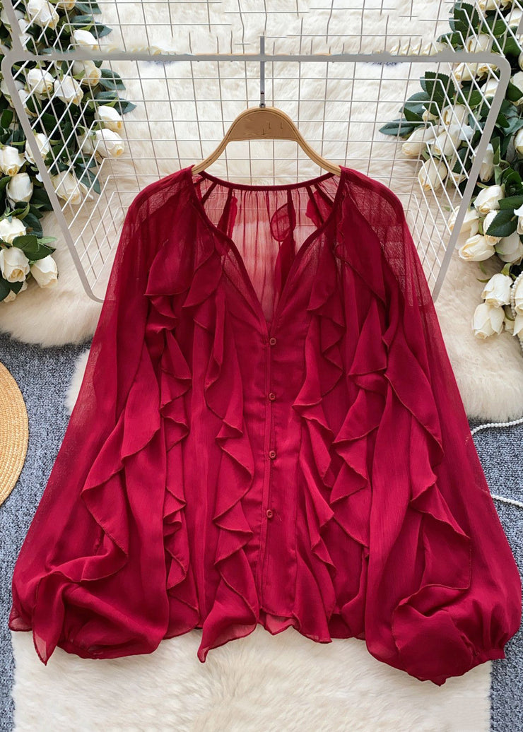 Vogue Red V Neck Ruffled Button Chiffon Shirts Lantern Sleeve