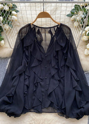 Vogue Red V Neck Ruffled Button Chiffon Shirts Lantern Sleeve