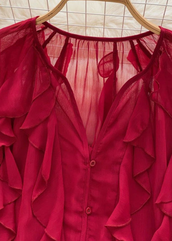Vogue Red V Neck Ruffled Button Chiffon Shirts Lantern Sleeve