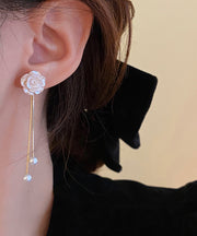 Vogue White Copper Pearl Camellia Flower Tassel Drop Earrings