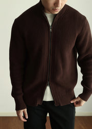 Warm Coffee Stand Collar Zip Up Cotton Knit Mens Coats Winter