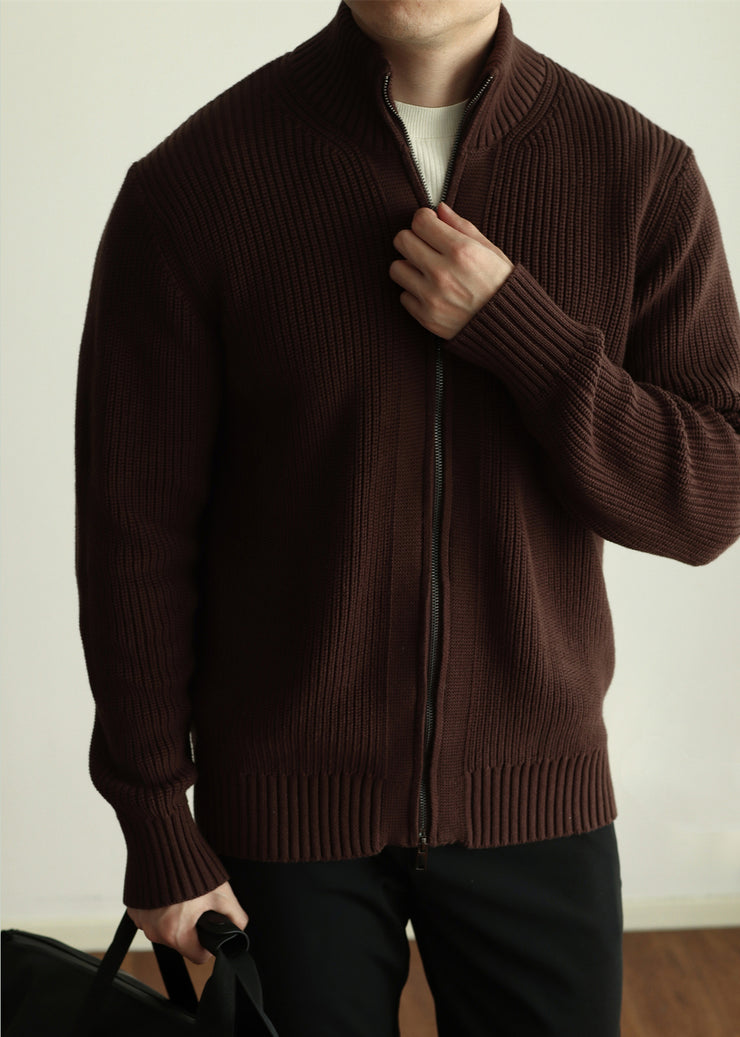 Warm Coffee Stand Collar Zip Up Cotton Knit Mens Coats Winter