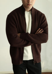 Warm Coffee Stand Collar Zip Up Cotton Knit Mens Coats Winter