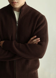 Warm Coffee Stand Collar Zip Up Cotton Knit Mens Coats Winter