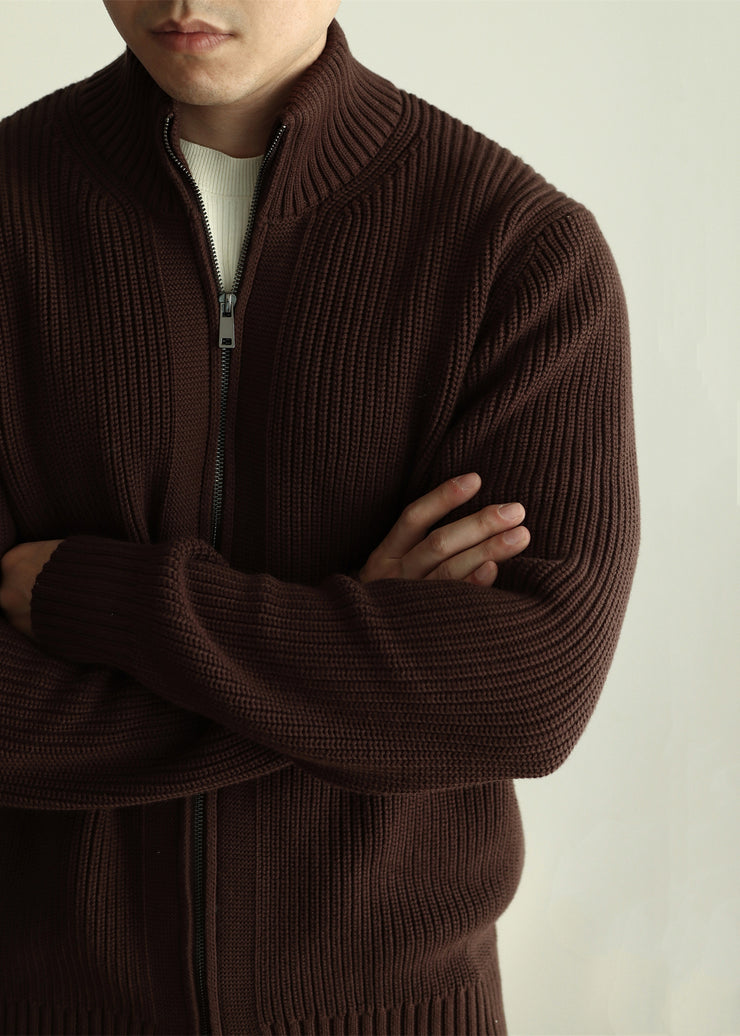 Warm Coffee Stand Collar Zip Up Cotton Knit Mens Coats Winter