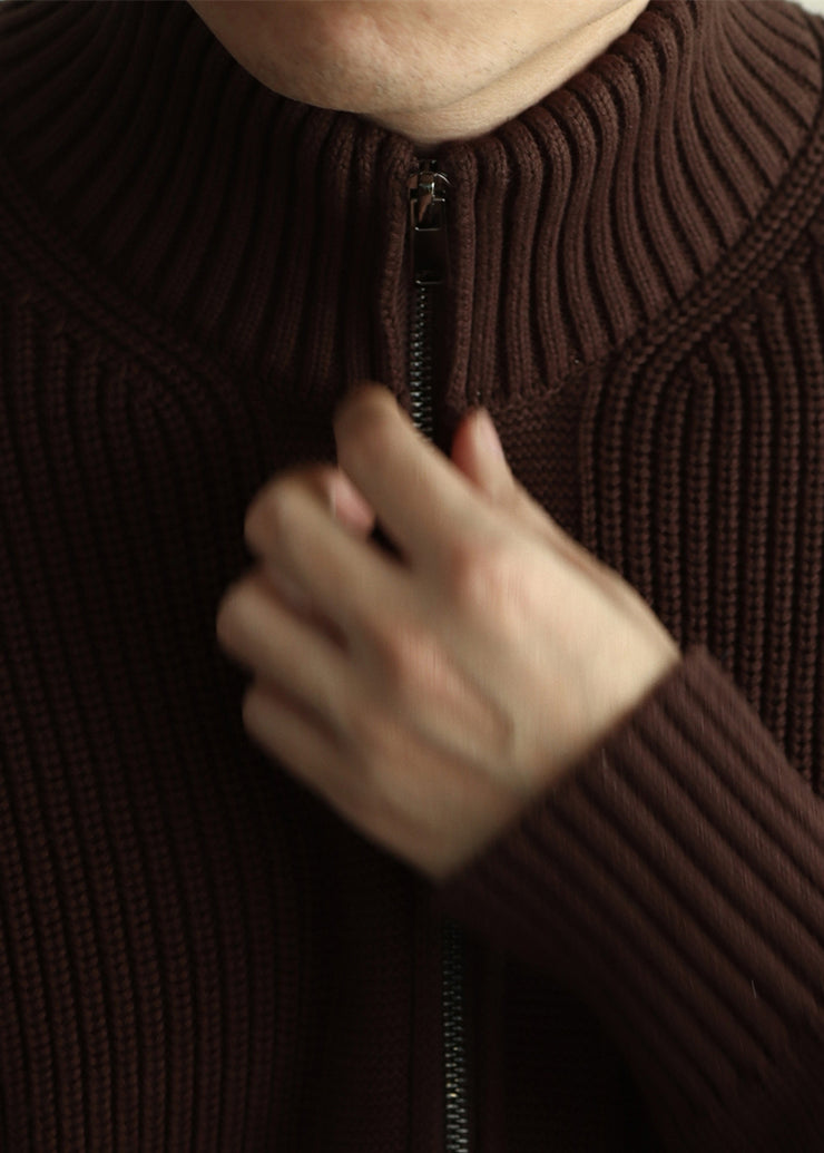 Warm Coffee Stand Collar Zip Up Cotton Knit Mens Coats Winter