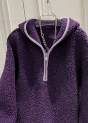 Warm Purple Hooded Zippered Fluffy Sweatshirt Winter