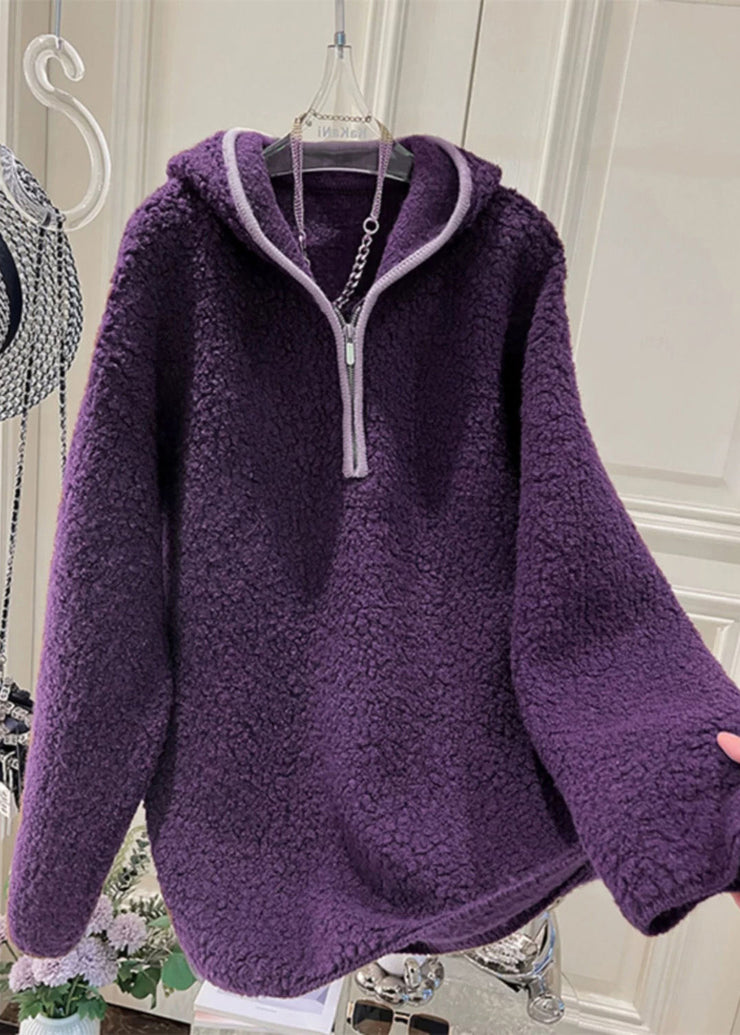 Warm Purple Hooded Zippered Fluffy Sweatshirt Winter