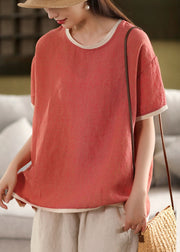 Watermelon Red Button Solid Patchwork Linen Summer T Shirt O Neck