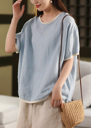 Watermelon Red Button Solid Patchwork Linen Summer T Shirt O Neck